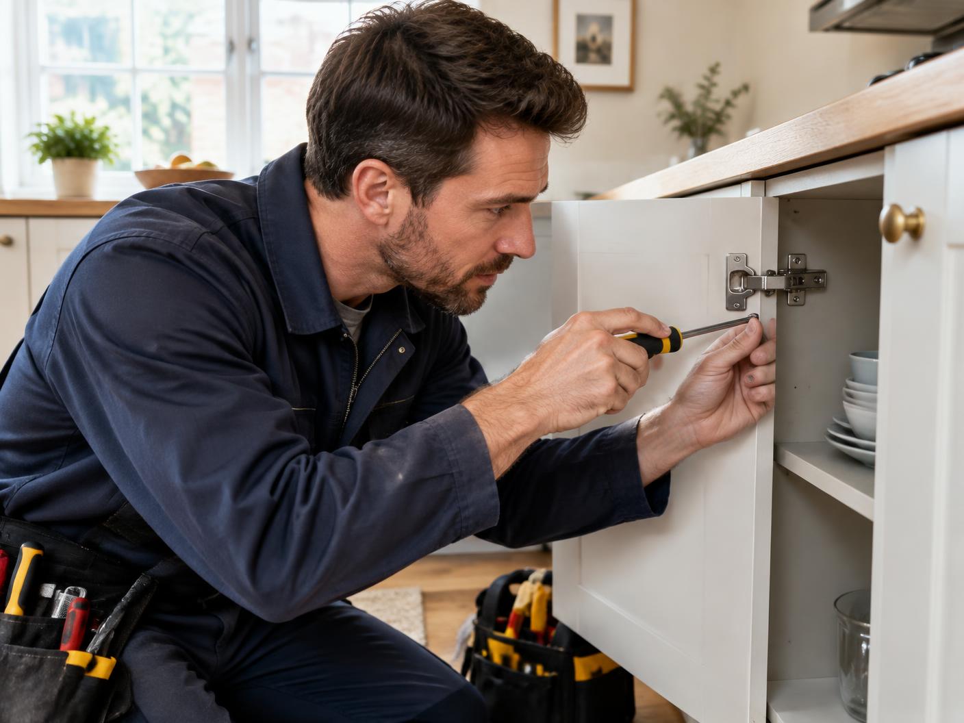 Illustrative tradesperson adjusting a kitchen cabinet