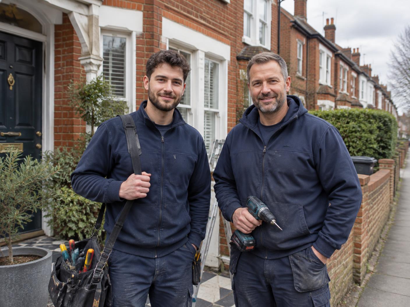 Illustrative property maintenance tradespeople outside a UK home