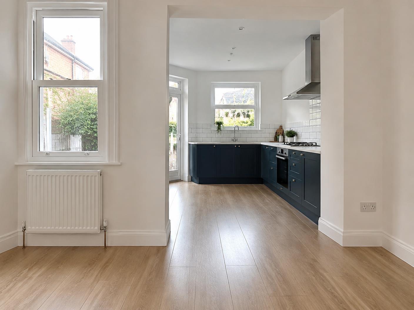 Illustrative UK interior with freshly painted walls and finished woodwork